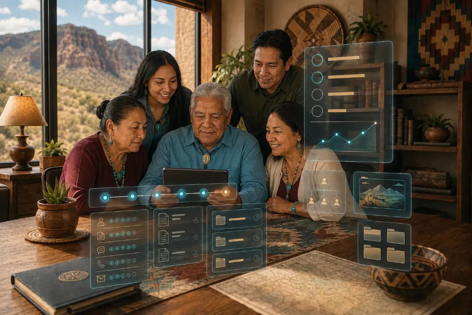 A group of people reviewing documents together around a table